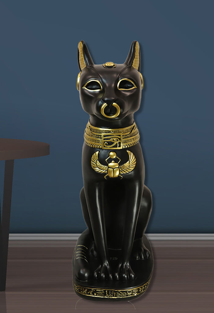 ebros gift Large Black And Gold Egyptian Goddess Cat Bastet With Scarab Amulet Statue 37"H