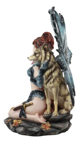 Ebros Gift Large Blue Tribal Huntress Wildling Fairy Embracing Alpha Direwolf Statue 13.5"H
