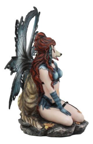 Ebros Gift Large Blue Tribal Huntress Wildling Fairy Embracing Alpha Direwolf Statue 13.5"H