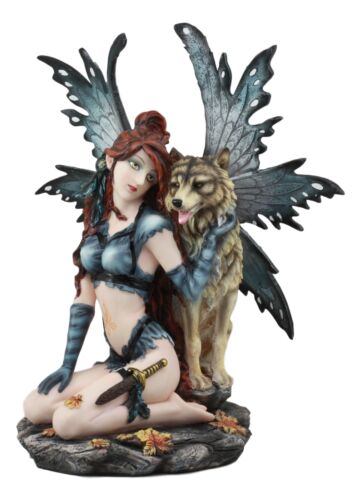 ebros gift Large Blue Tribal Huntress Wildling Fairy Embracing Alpha Direwolf Statue 13.5"H