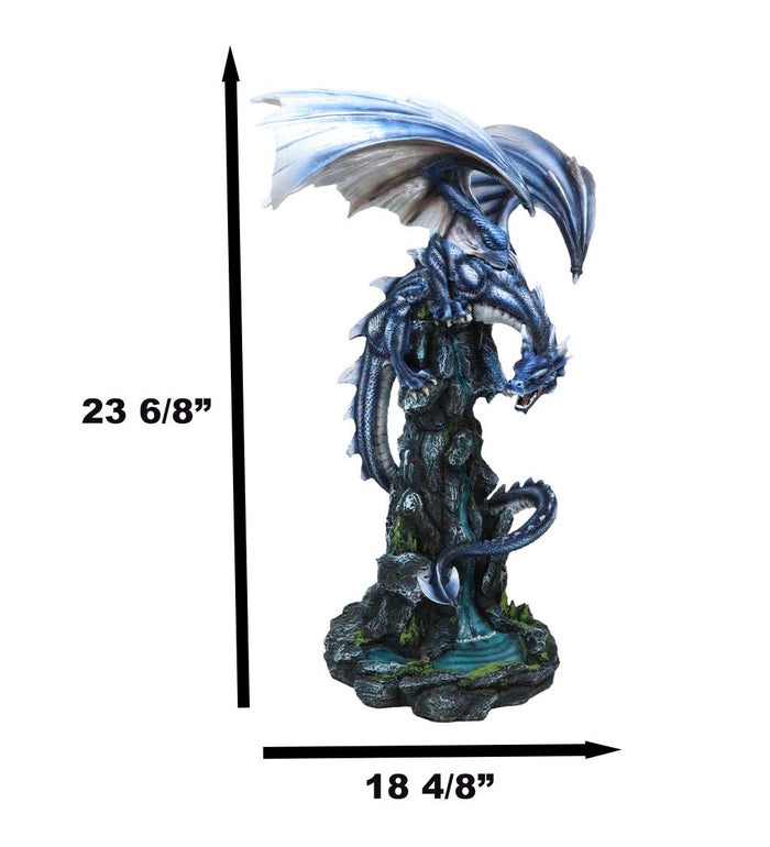 Ebros Gift Large Blue Zirconia Rogue Storm Dragon Hovering Over Cliff Rock Waterfall Statue