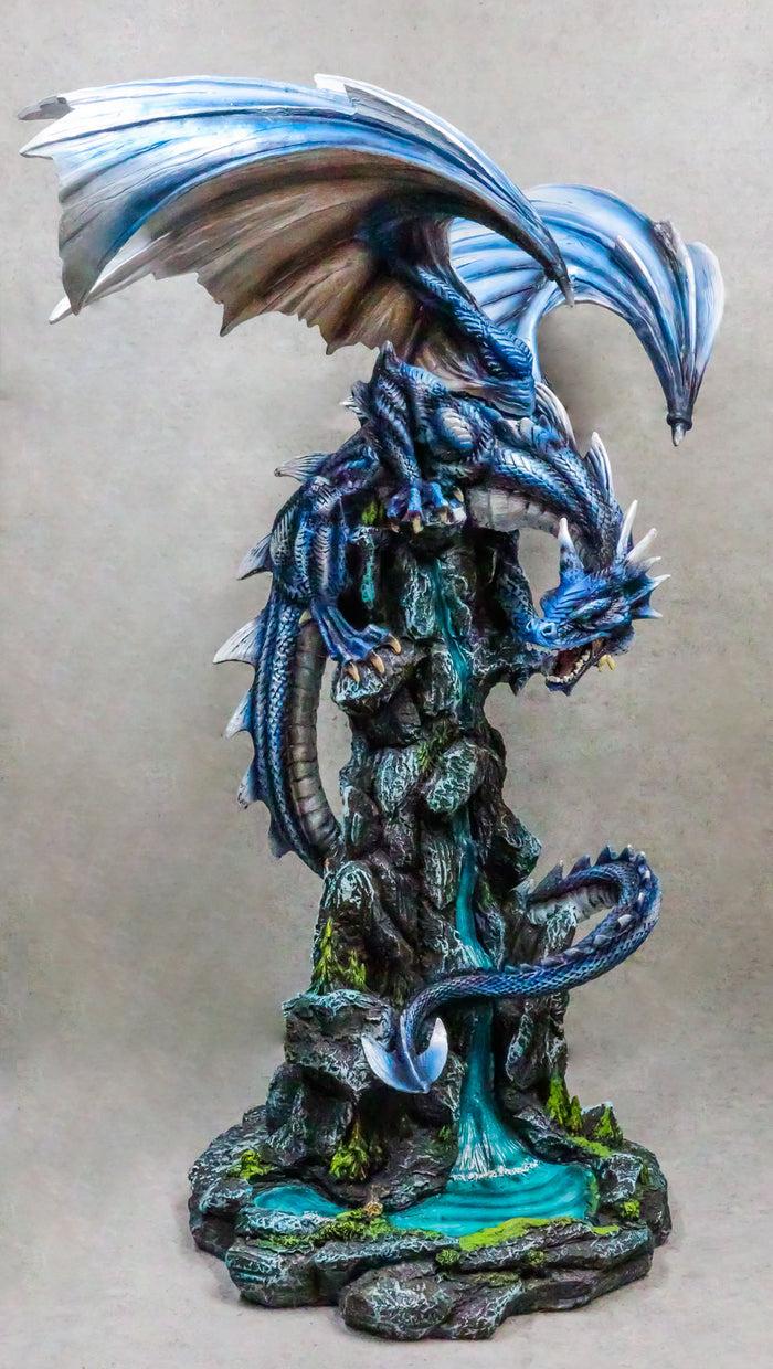 ebros gift Large Blue Zirconia Rogue Storm Dragon Hovering Over Cliff Rock Waterfall Statue
