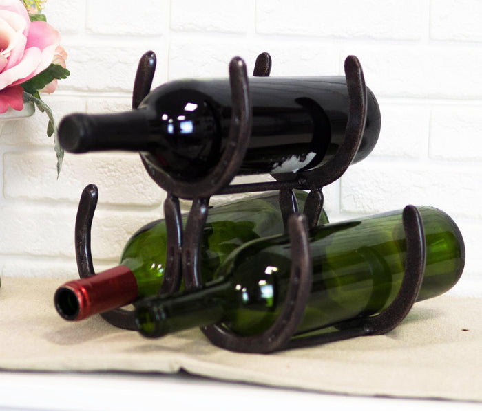 ebros gift Large Cast Iron Rustic Farmhouse Stacked Horseshoes 3 Bottles Wine Holder Racks