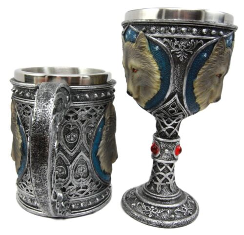 Ebros Gift Large Celtic Blue Alpha Gray Wolf Mug And Wolf Wine Goblet Chalice Cup Set Of 2