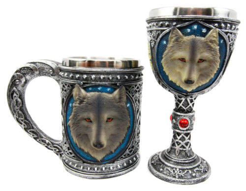 ebros gift Large Celtic Blue Alpha Gray Wolf Mug And Wolf Wine Goblet Chalice Cup Set of 2