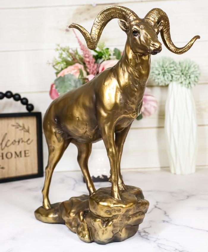 ebros gift Large Country Wildlife Bighorn Sheep Ram Climbing On Rock Statue In Gold Patina