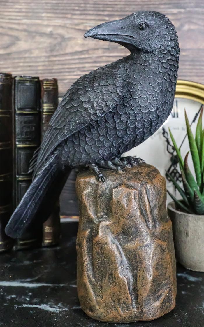 ebros gift Large Dark Raven on Large Rock Platform Resin Statue Figurine 8" Height