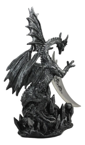 Ebros Gift Large Dreamwork Fantasy Obsidian Dragon Statue With Fire Dagger Letter Opener
