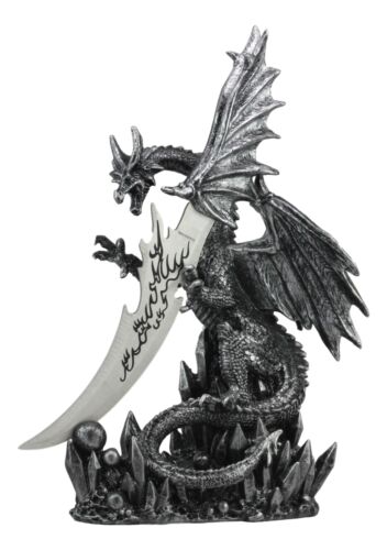 Ebros Gift Large Dreamwork Fantasy Obsidian Dragon Statue With Fire Dagger Letter Opener