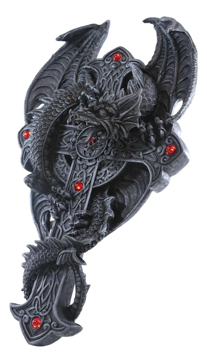 Ebros Gift Large Faux Stone Celtic Dragon Crucifix Cross Wall Mount Sculpture Plaque 14.5"H