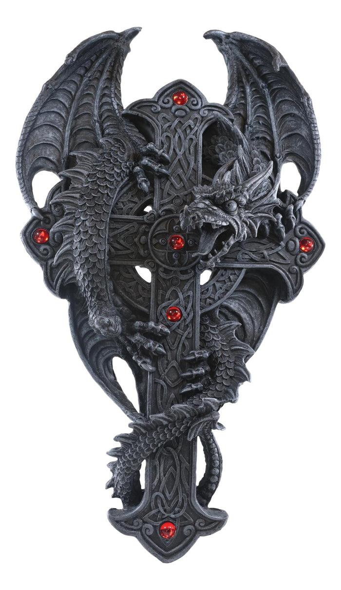 ebros gift Large Faux Stone Celtic Dragon Crucifix Cross Wall Mount Sculpture Plaque 14.5"H