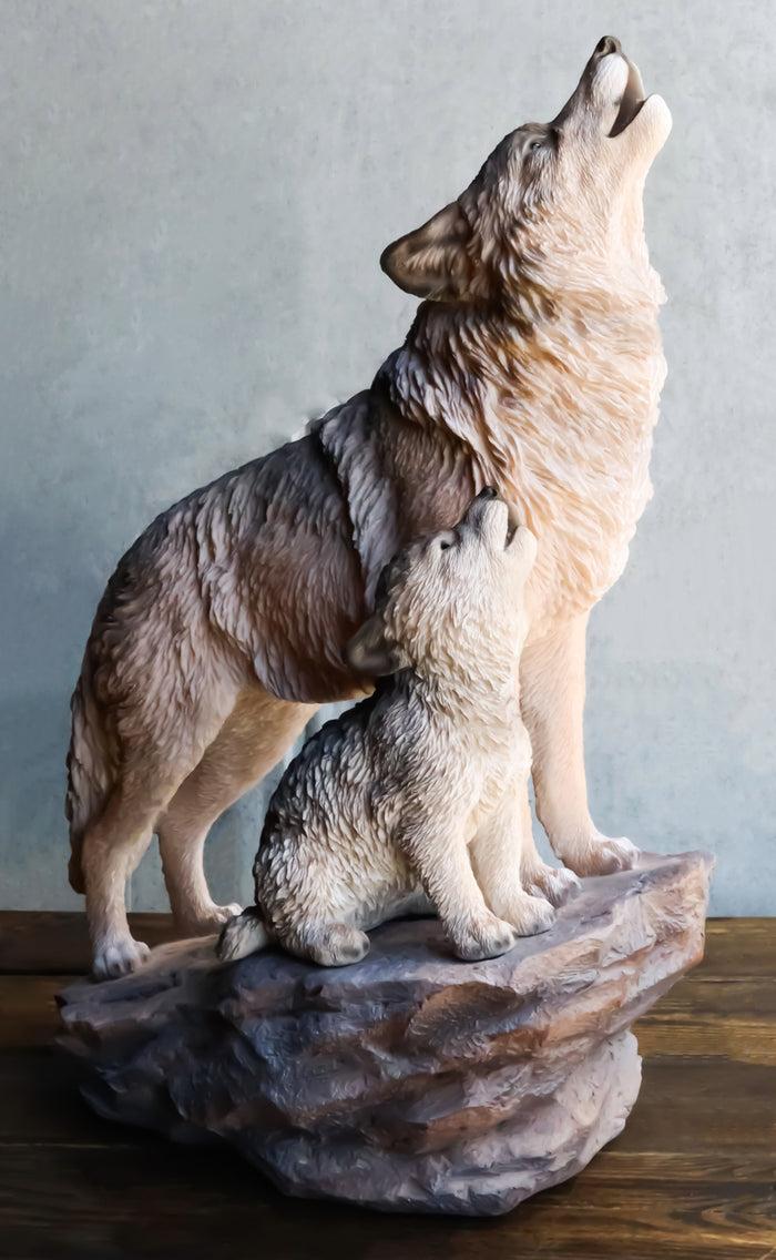 ebros gift Large Full Moon Howling Spirit Wolf Alpha With Puppy On Rock Ledge Statue 15.5"H