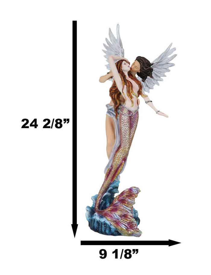 Ebros Gift Large Goddess Mermaid Embracing With Heavenly Winged Angel By The Ocean Statue