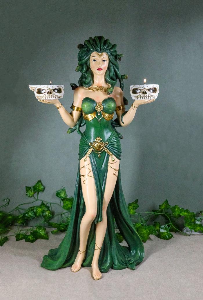 ebros gift Large Greek Gorgon Goddess Medusa In Green Gown Dual Votive Candleholders Statue