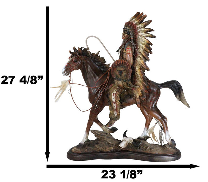 Ebros Gift Large Indian Chief With Headdress Feathered Coup Staff Shield On Horse Statue