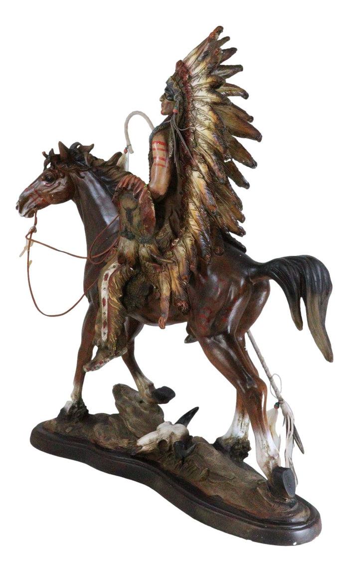 Ebros Gift Large Indian Chief With Headdress Feathered Coup Staff Shield On Horse Statue
