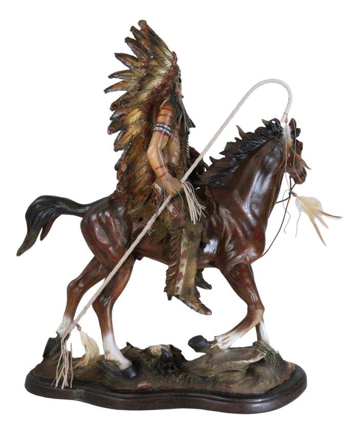 Ebros Gift Large Indian Chief With Headdress Feathered Coup Staff Shield On Horse Statue