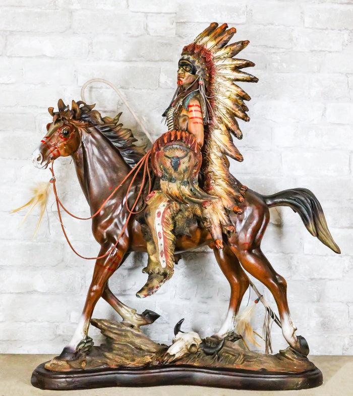 ebros gift Large Indian Chief With Headdress Feathered Coup Staff Shield On Horse Statue