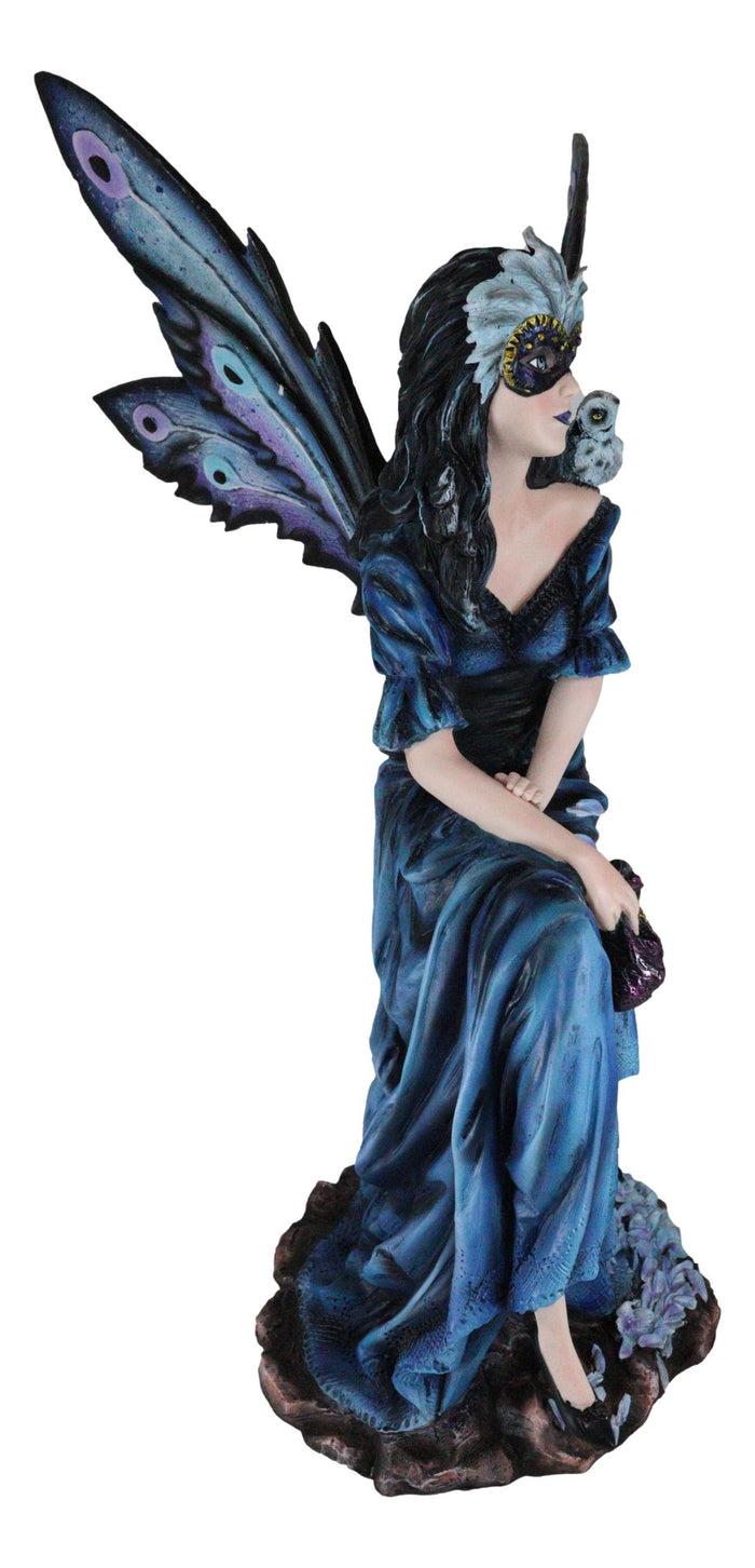 Ebros Gift Large Iridescent Winged Peacock Train Blue Masquerade Fairy With Owl Statue