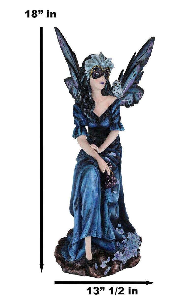 Ebros Gift Large Iridescent Winged Peacock Train Blue Masquerade Fairy With Owl Statue
