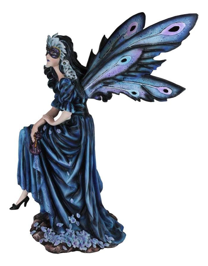 Ebros Gift Large Iridescent Winged Peacock Train Blue Masquerade Fairy With Owl Statue