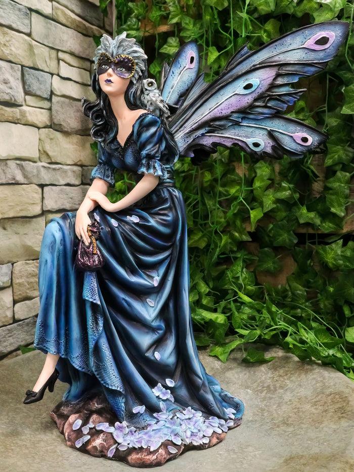 ebros gift Large Iridescent Winged Peacock Train Blue Masquerade Fairy With Owl Statue
