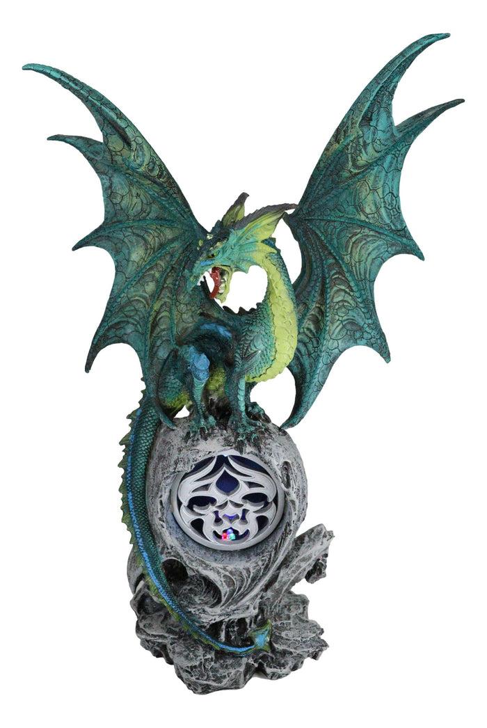 Ebros Gift Large Jade Pagoda Asian Dragon Guarding LED Light Fire Emblem Amulet Statue