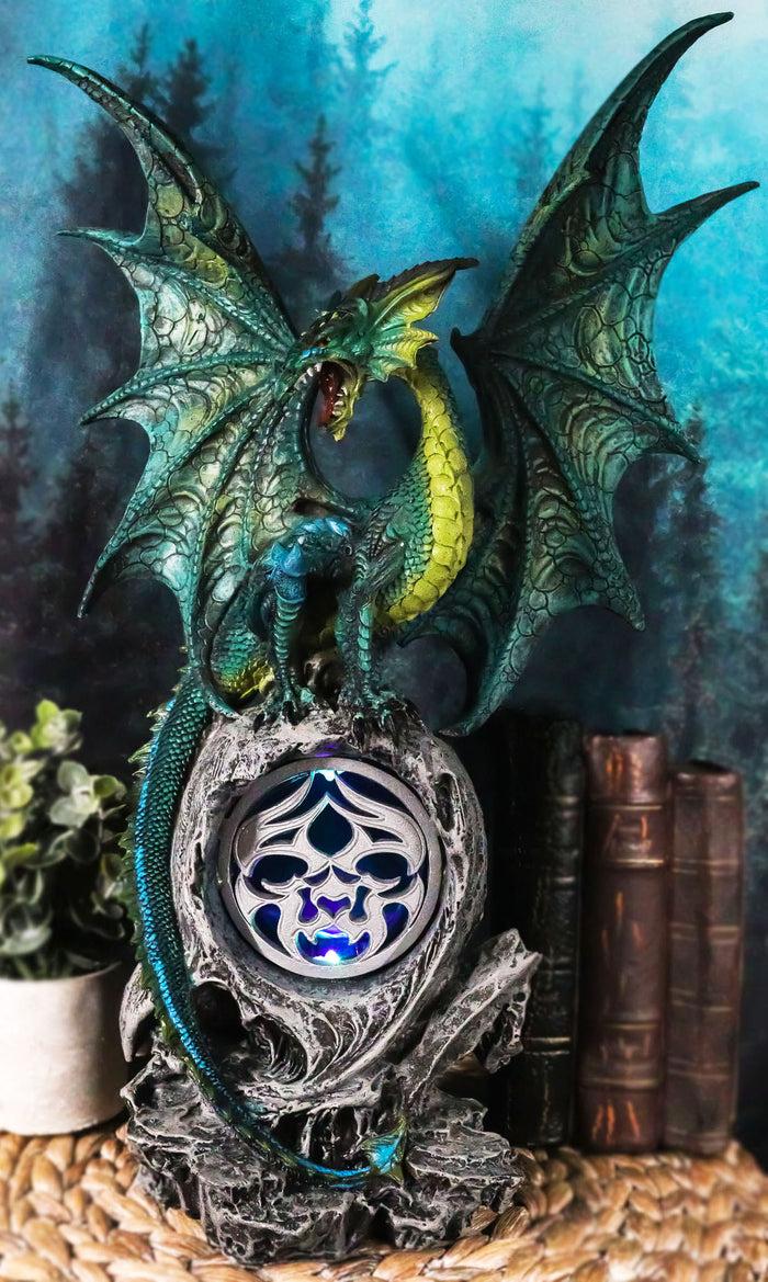 ebros gift Large Jade Pagoda Asian Dragon Guarding LED Light Fire Emblem Amulet Statue