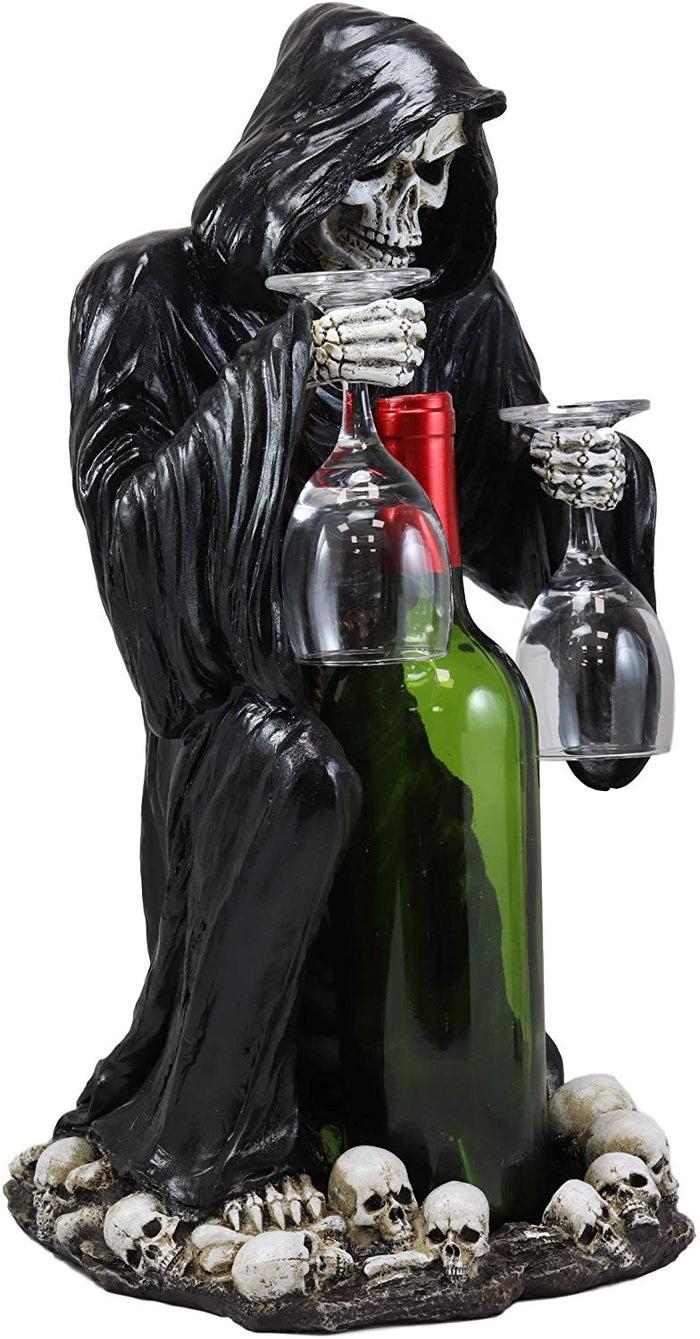 Ebros Gift Large Kneeling Grim Reaper Skeleton Wine Bottle & Glasses Valet Holder Statue