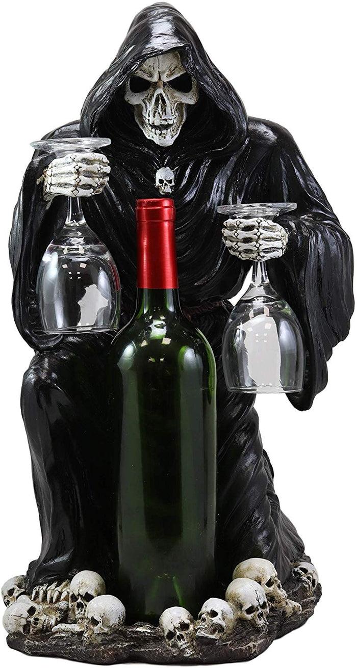Ebros Gift Large Kneeling Grim Reaper Skeleton Wine Bottle & Glasses Valet Holder Statue