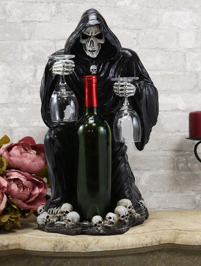 ebros gift Large Kneeling Grim Reaper Skeleton Wine Bottle & Glasses Valet Holder Statue