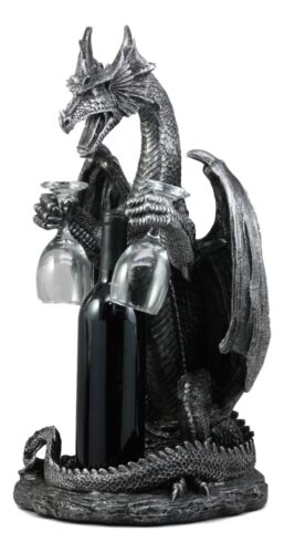 Ebros Gift Large Legendary Smaug Brewery Black Dragon Wine Valet Holder Statue Wine Glasses