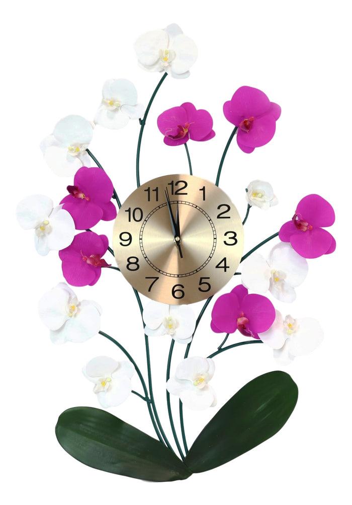 Ebros Gift Large Lifelike White Purple Floral Orchid Blooms Gold Plated Metal Wall Clock