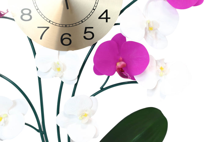 Ebros Gift Large Lifelike White Purple Floral Orchid Blooms Gold Plated Metal Wall Clock