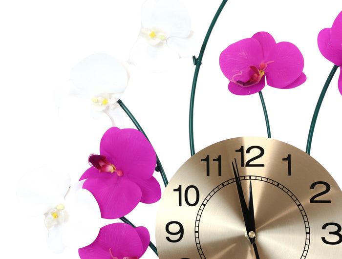 Ebros Gift Large Lifelike White Purple Floral Orchid Blooms Gold Plated Metal Wall Clock
