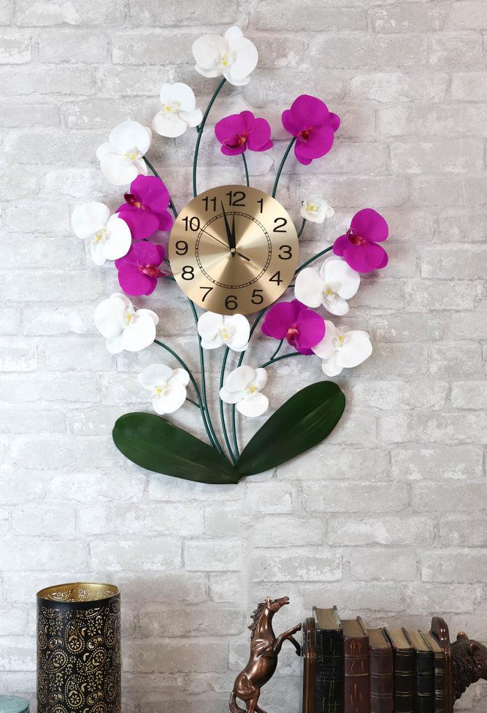 ebros gift Large Lifelike White Purple Floral Orchid Blooms Gold Plated Metal Wall Clock