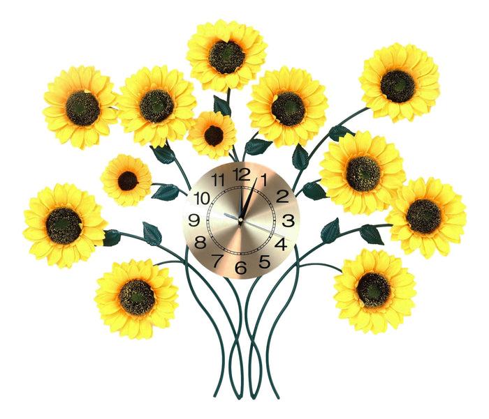 Ebros Gift Large Lifelike Yellow Sunflowers Floral Blooms Gold Plated Metal Wall Clock