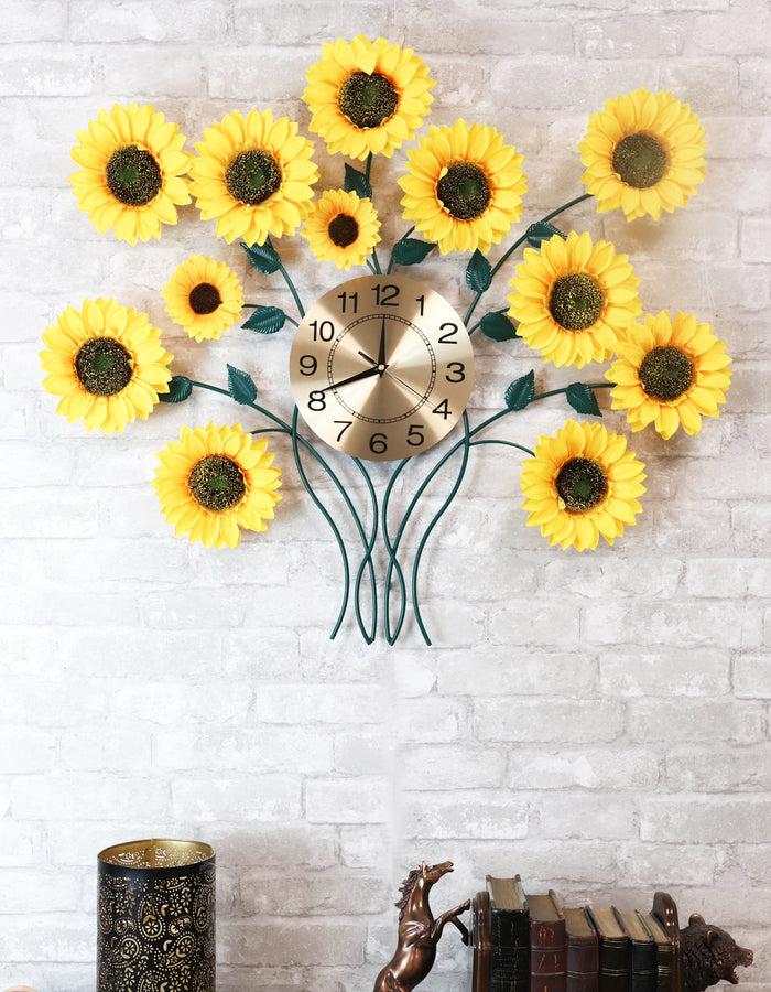 ebros gift Large Lifelike Yellow Sunflowers Floral Blooms Gold Plated Metal Wall Clock