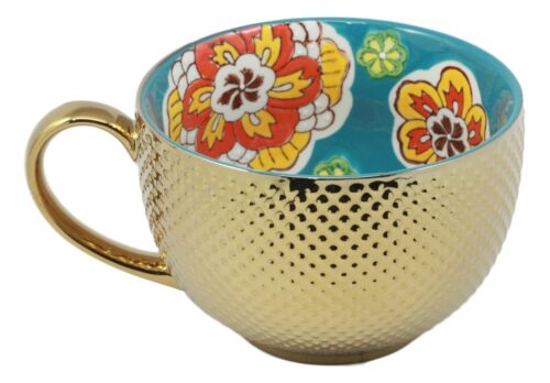 Ebros Gift Large Luxury Gold Plated Ottoman Style Turquoise Flower Mug Bowls 28oz Set Of 3
