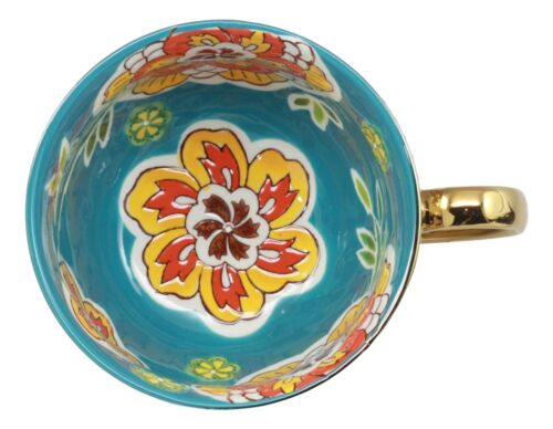 Ebros Gift Large Luxury Gold Plated Ottoman Style Turquoise Flower Mug Bowls 28oz Set Of 3