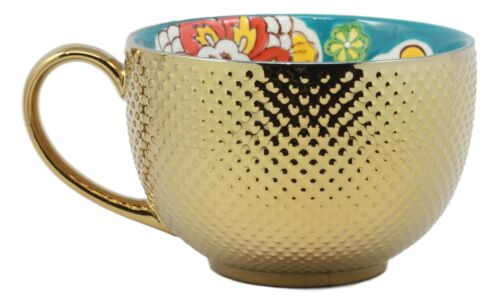 Ebros Gift Large Luxury Gold Plated Ottoman Style Turquoise Flower Mug Bowls 28oz Set Of 3