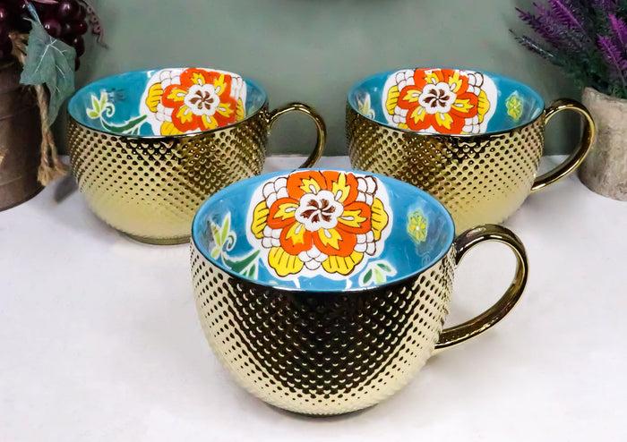 ebros gift Large Luxury Gold Plated Ottoman Style Turquoise Flower Mug Bowls 28oz Set Of 3