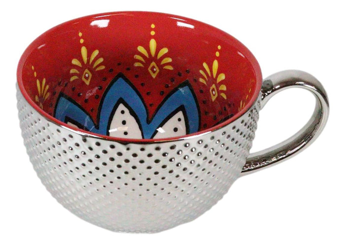 Ebros Gift Large Luxury Silver Plated Ottoman Style Red Flower Mug Bowl 24oz Set Of Two
