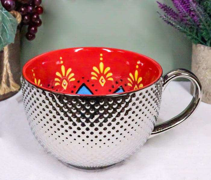 ebros gift Large Luxury Silver Plated Ottoman Style Red Flower Mug Bowl 24oz Set Of Two