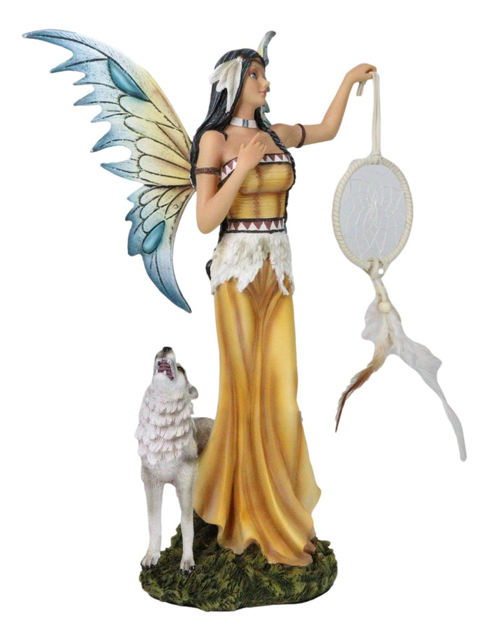 Ebros Gift Large Native Indian Fairy Pocahontas Holding Dreamcatcher With Grey Wolf Statue
