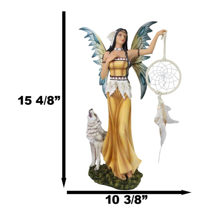 Ebros Gift Large Native Indian Fairy Pocahontas Holding Dreamcatcher With Grey Wolf Statue