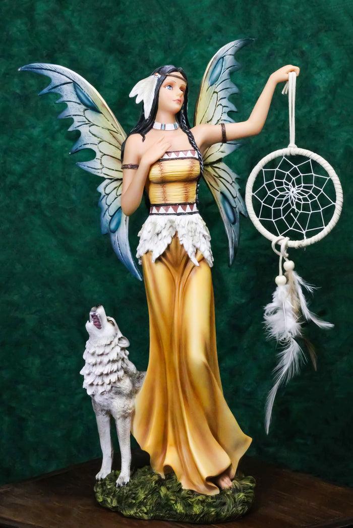 ebros gift Large Native Indian Fairy Pocahontas Holding Dreamcatcher With Grey Wolf Statue