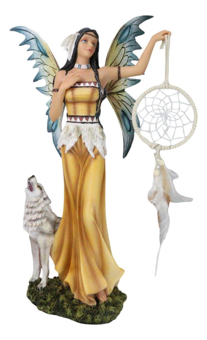 Ebros Gift Large Native Indian Fairy Pocahontas Holding Dreamcatcher With Grey Wolf Statue