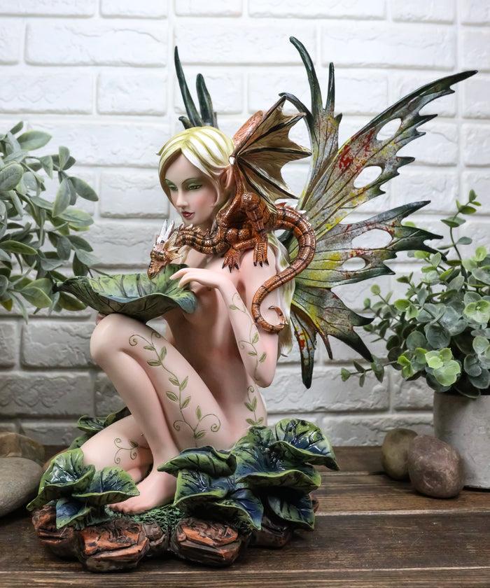 ebros gift Large Nude Tribal Forest Fairy Feeding Dragon Statue 13"Tall Fantasy Fae Pixie
