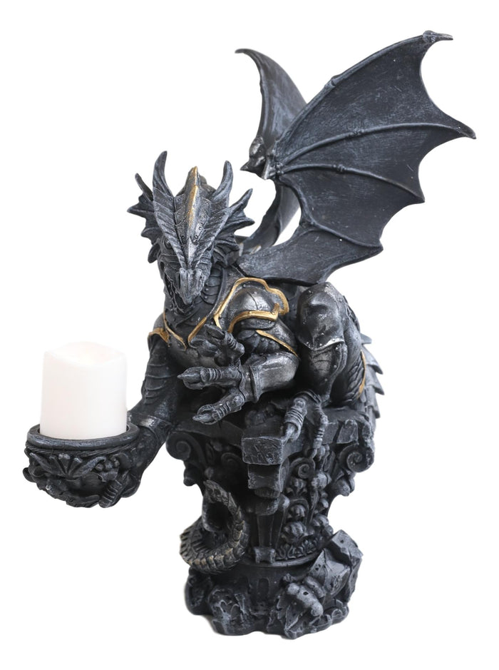Ebros Gift Large Rune Armored Dragon On Pedestal Tea Light Candle Holder Statue Figurine